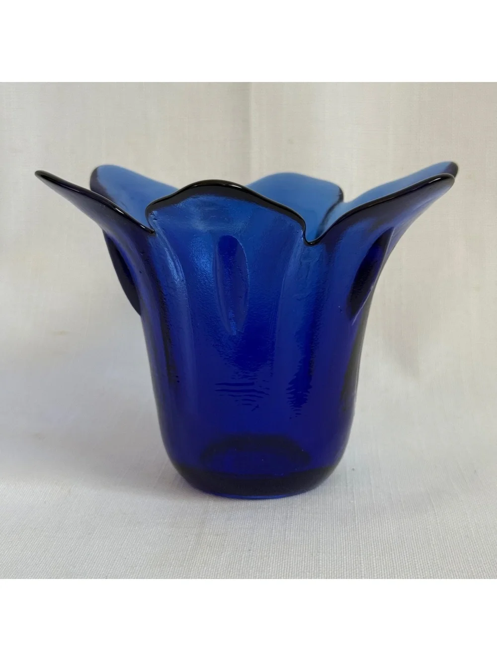 Vintage Cobalt Blue Art Glass Tulip Flower Vase Heavy MCM Hand Blown Spain 6